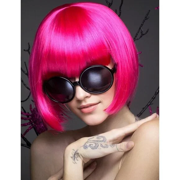 Women's Hot Pink 12 Inch Costume Cosplay Party Short Bob Wigs And Sunglass - Picture 4 of 6